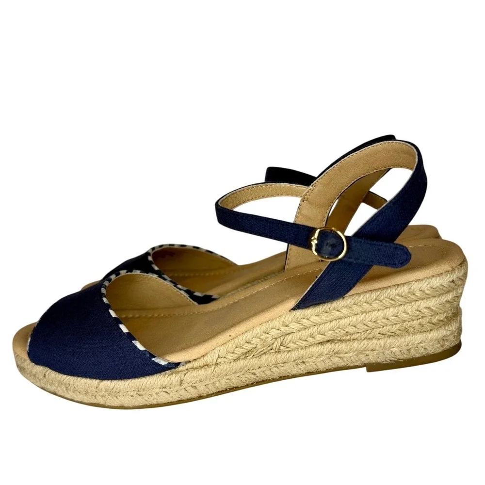 Charter Club Espadrille Wedge Sandals Womens 9.5 Navy Blue LUCHIA Canvas Strappy